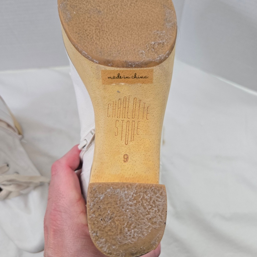 Charlotte Stone White Canvas Lace Up Platform Block Heel Boots Womens Size 9 - Picture 10 of 11